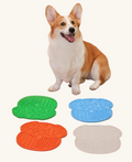 A corgi sitting behind four silicone paw-shaped lick mats in green, blue, orange, and white.