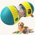 A teal and yellow treat dispensing ball with a clear centre chamber holding dry treats.