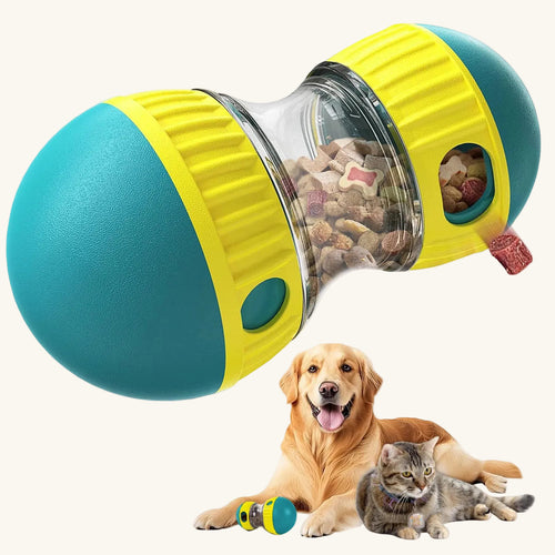 A teal and yellow treat dispensing ball with a clear centre chamber holding dry treats.